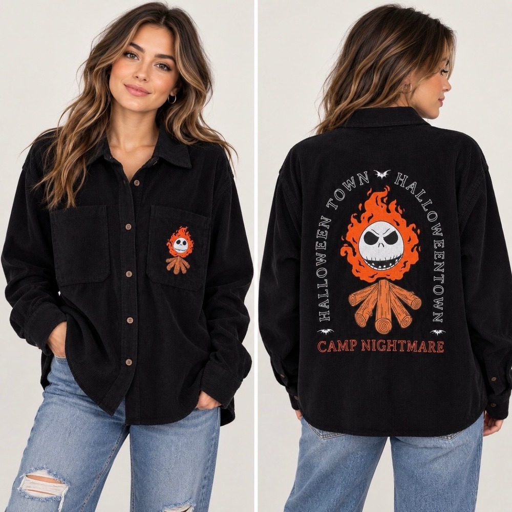 Her Universe Camp Nightmare Before Christmas Corduroy Button Up Boxy Top M Black